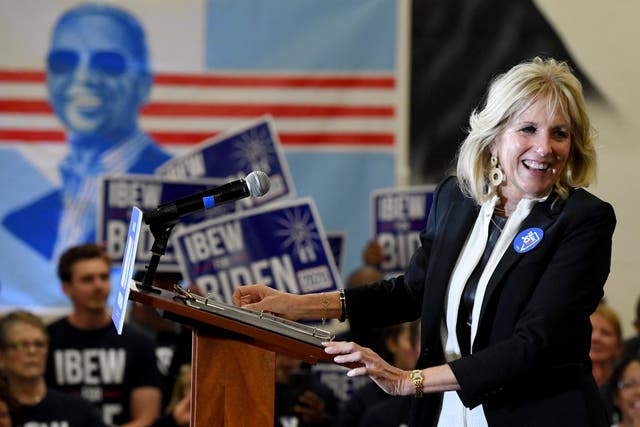 Dr Jill Biden introduces her husband, Democratic presidential candidate former Vice President Joe Biden , during a community event at Hyde Park Middle School on 21 February 2020 in Las Vegas, Nevada