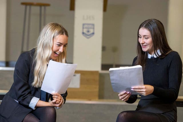 Handout photo issued by Jeff Holmes of two friends finding out their exam results at Linwood High in Renfrewshire