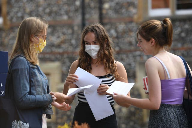 Benita Stipp (centre) and Mimi Ferguson (left) react as students at Norwich School, Norwich, receive their A-Level results