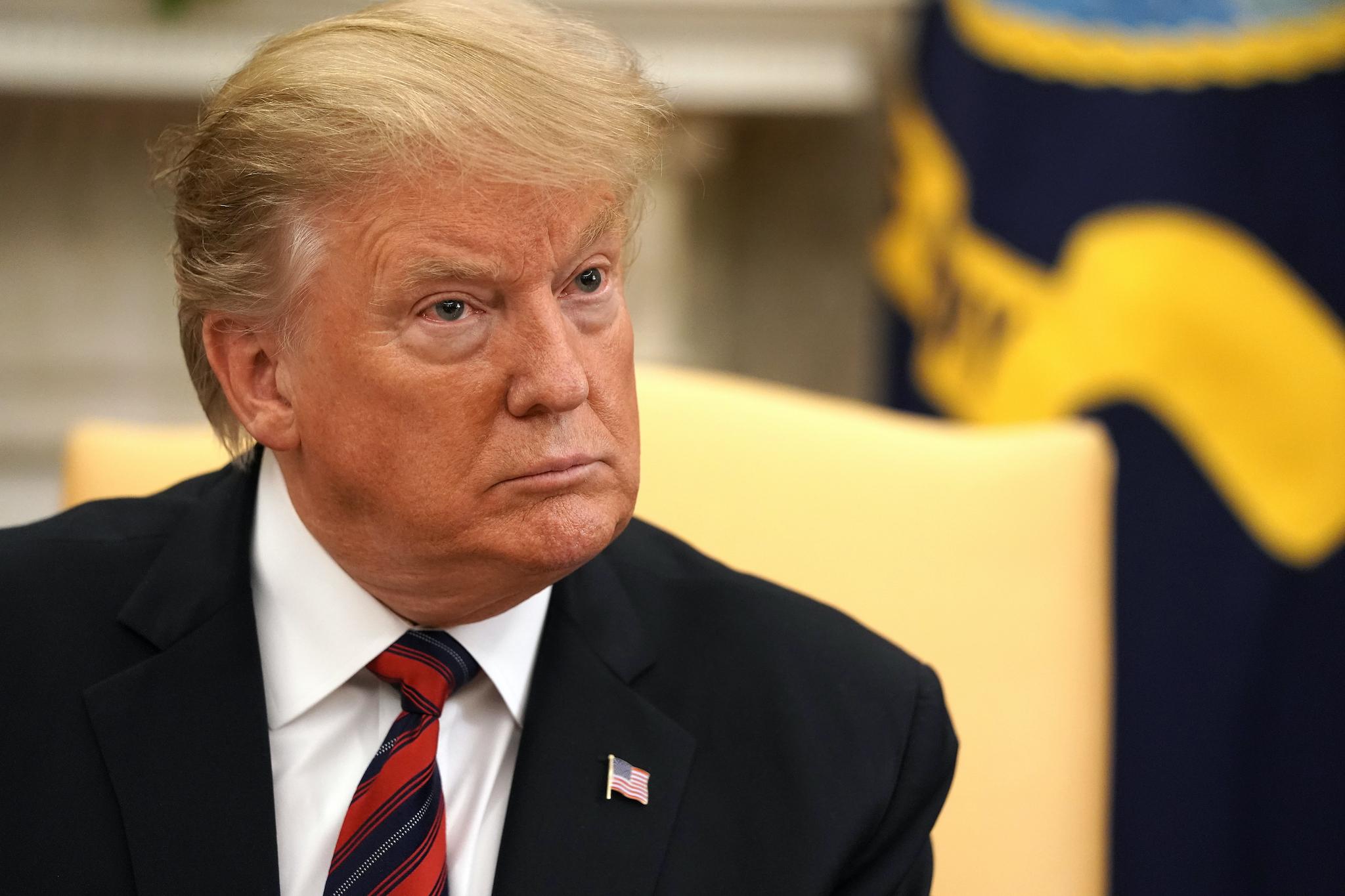 U.S. President Donald Trump talks to reporters while hosting Slovak Republic Prime Minister Peter Pellegrini in the Oval Office at the White House May 03, 2019 in Washington, DC