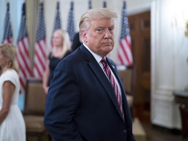 US president Donald Trump departs an event titled “Kids First: Getting America’s Children Safely Back to School” 12 August 2020 in the State Dining Room at the White House in Washington, DC