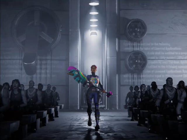 A 'Fortnite' character wields a hammer in Epic Games' anti-Apple '1984' parody