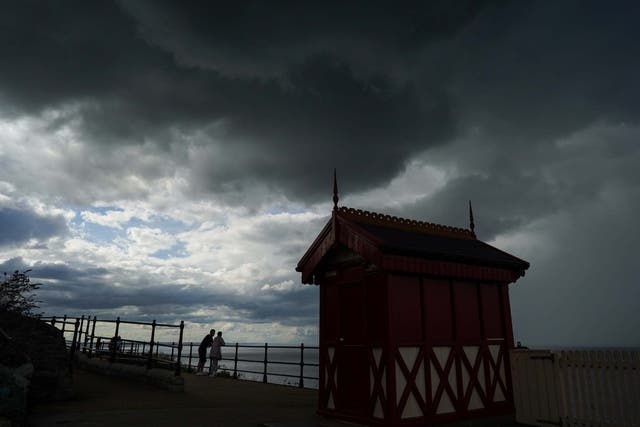 Dark storm clouds pass over the cliff lift in Saltburn By The Sea