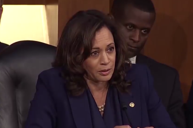 Kamala Harris grilling Brett Kavanaugh during a Senate Judiciary Committee confirmation hearing in 2018