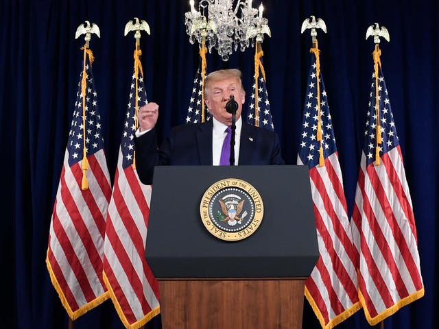 President Trump speaks during a news conference at his Trump National Golf Club in Bedminster, New Jersey on Saturday
