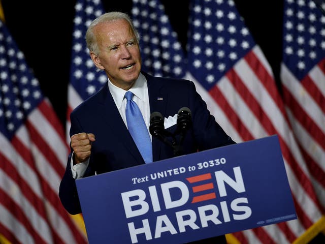 Joe Biden speaks at a press conference before introducing his vice presidential running mate, Kamala Harris, 12 August, 2020