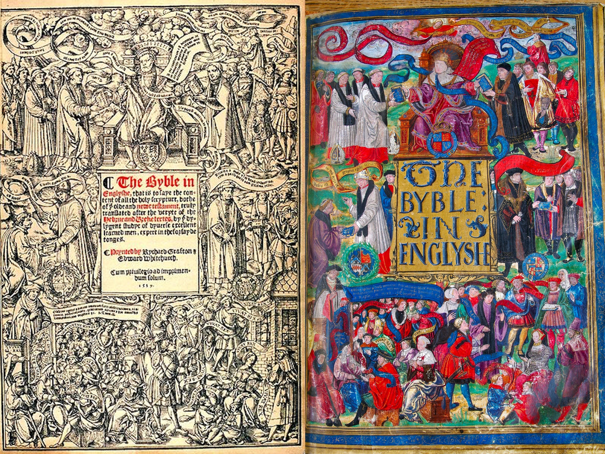 The evolution of the title page. Right, the title page of the Great Bible, which has yielded its secrets after more than four centuries
