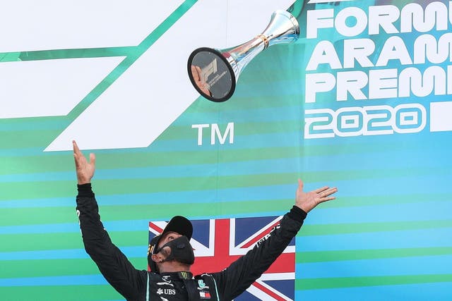 Lewis Hamilton celebrates winning the Spanish Grand Prix at Barcelona