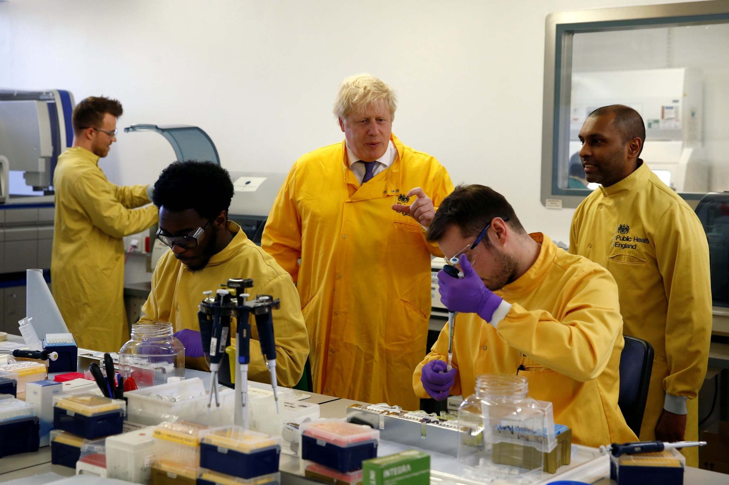 Boris Johnson at a Public Health England laboratory