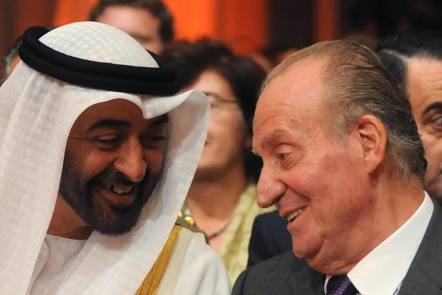 Juan Carlos (right) is seen with the crown prince of Abu Dhabi, Sheikh Mohammed bin Zayed Al Nahyan in 2011