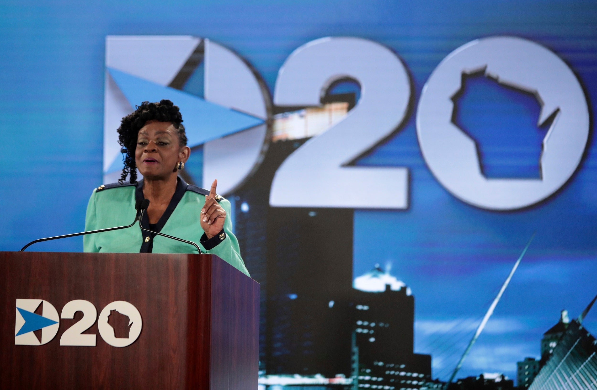 Wisconsin congresswoman Gwen Moore addresses the convention on Monday