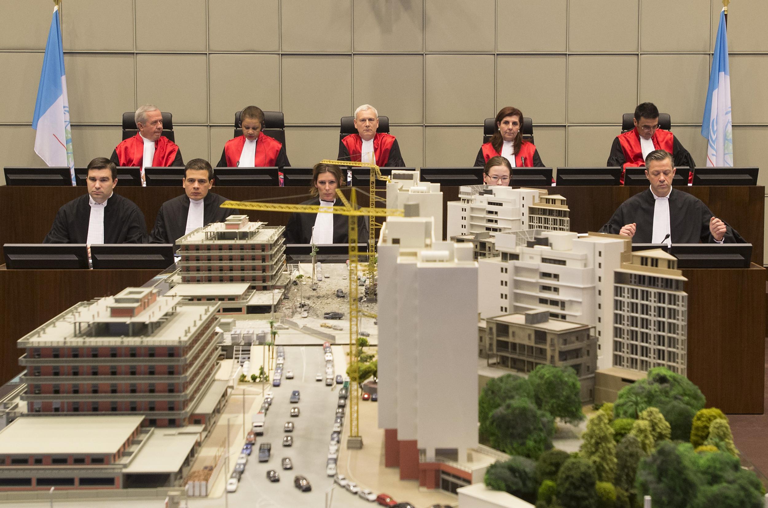 Judges preside over the first hearing in the trial of four people accused of murdering former Lebanese premier Rafiq Hariri at the Special Tribunal for Lebanon in The Hague on January 16, 2014