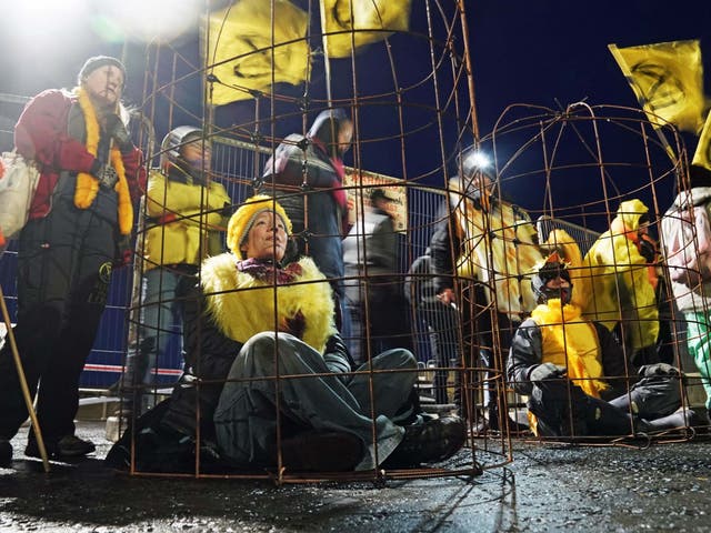 Protesters dressed as canaries during an Extinction Rebellion action to stop the expansion of Bradley open-cast coal mine in County Durham in February