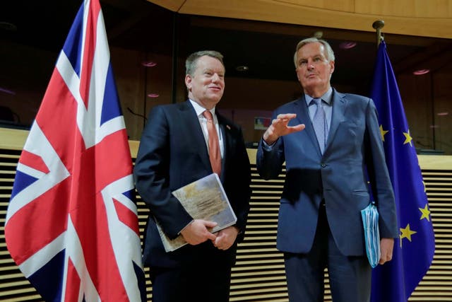 David Frost (left) with his counterpart from the European Union, Michel Barnier