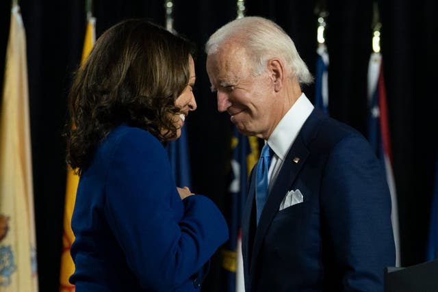Joe Biden and Kamala Harris at their first joint campaign event in Wilmington, Delaware