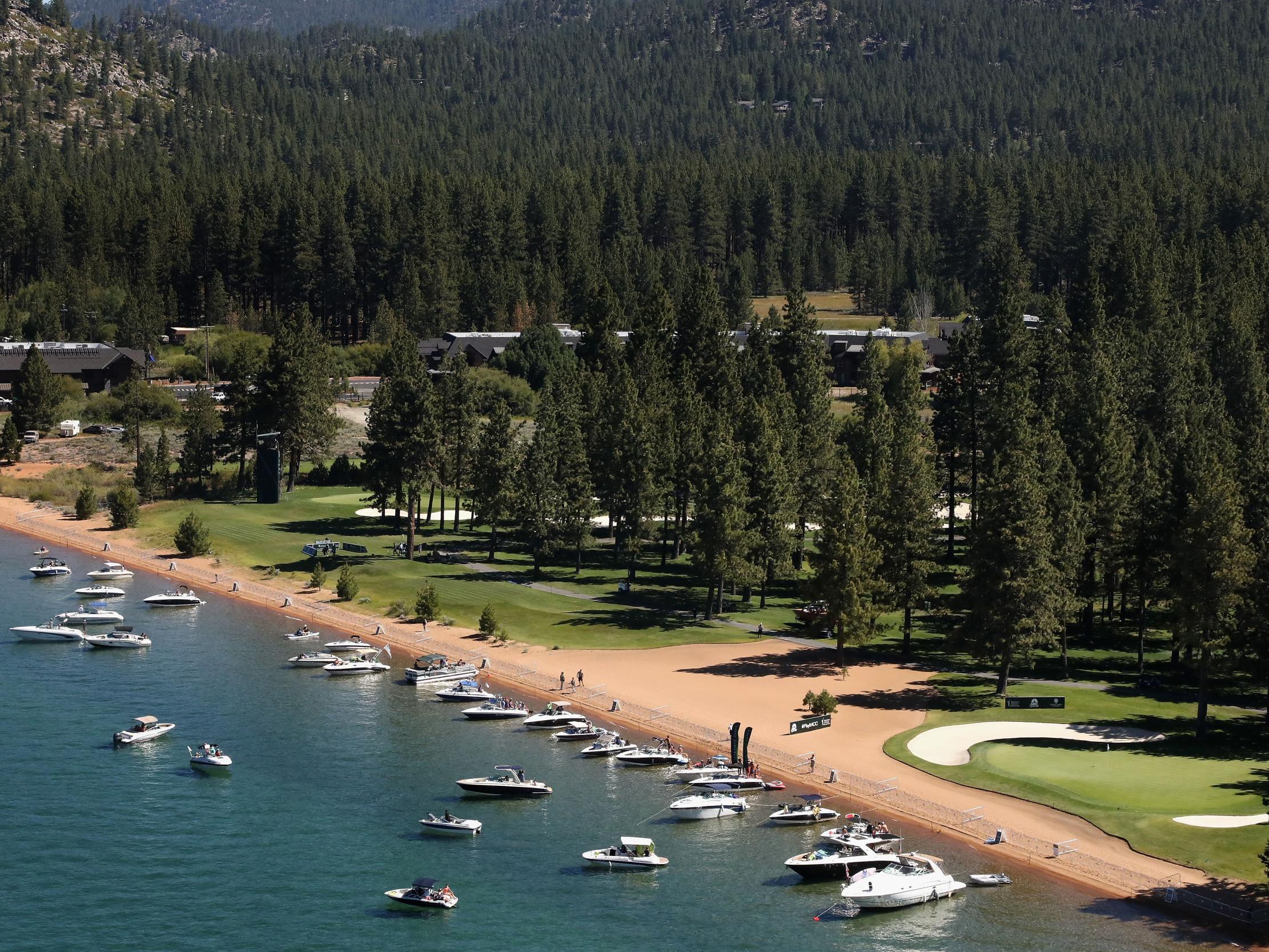 Aerial view over the 17th hole at Edgewood Tahoe South course during the final round of the American Century Championship on 12 July 2020 in South Lake Tahoe, California