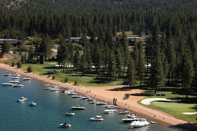 Aerial view over the 17th hole at Edgewood Tahoe South course during the final round of the American Century Championship on 12 July 2020 in South Lake Tahoe, California