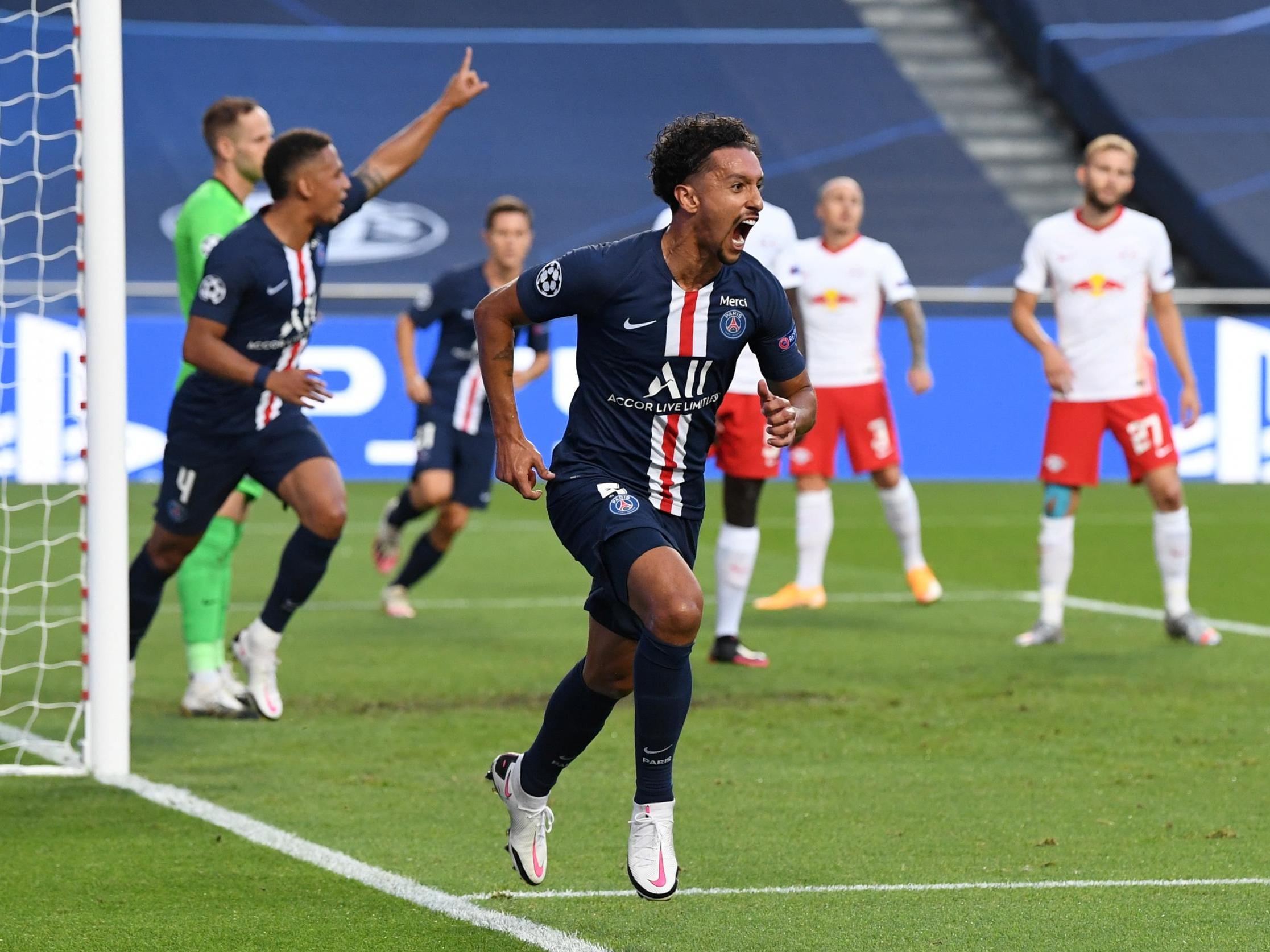 Paris St Germain’s Marquinhos celebrates