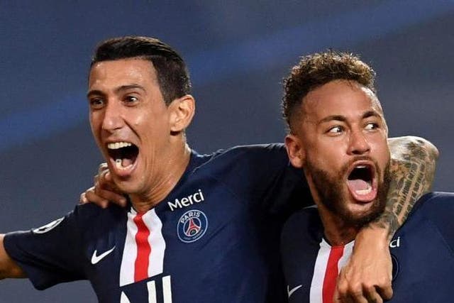 Paris Saint-Germain's Angel Di Maria (L) celebrates with Neymar