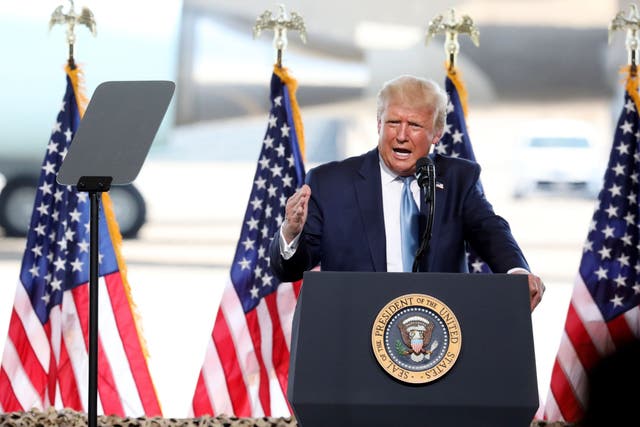 Donald Trump speaks during a campaign rally at The Defense Contractor Complex on August 18, 2020 in Yuma, Arizona