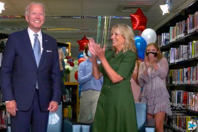 Joe Biden is applauded by his wife Jill and family members after being officially nominated as the Democratic presidential candidate at the DNC on 18 August, 2020