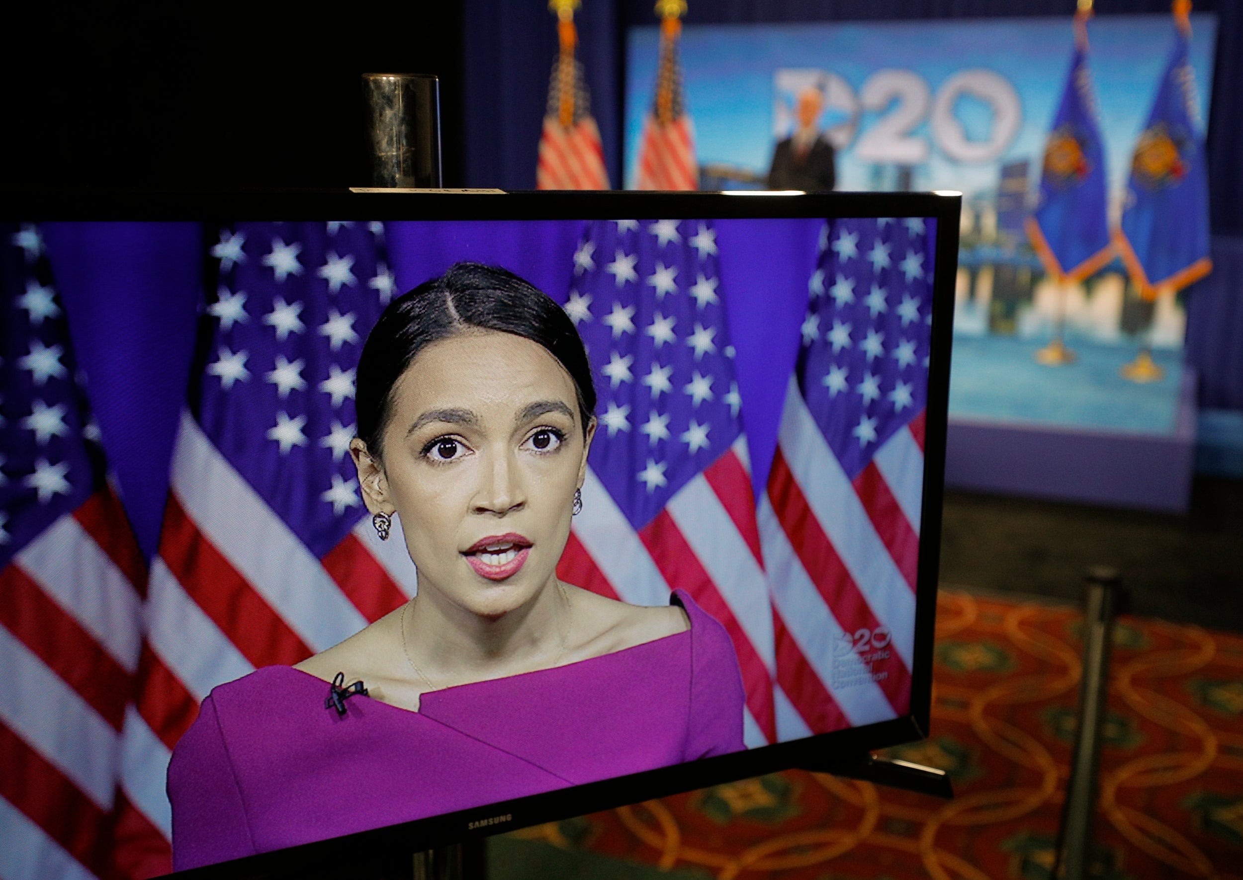 Alexandria Ocasio-Cortez delivers her speech seconding Bernie Sanders's nomination at the Democratic convention