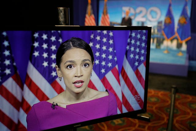 Alexandria Ocasio-Cortez delivers her speech seconding Bernie Sanders's nomination at the Democratic convention