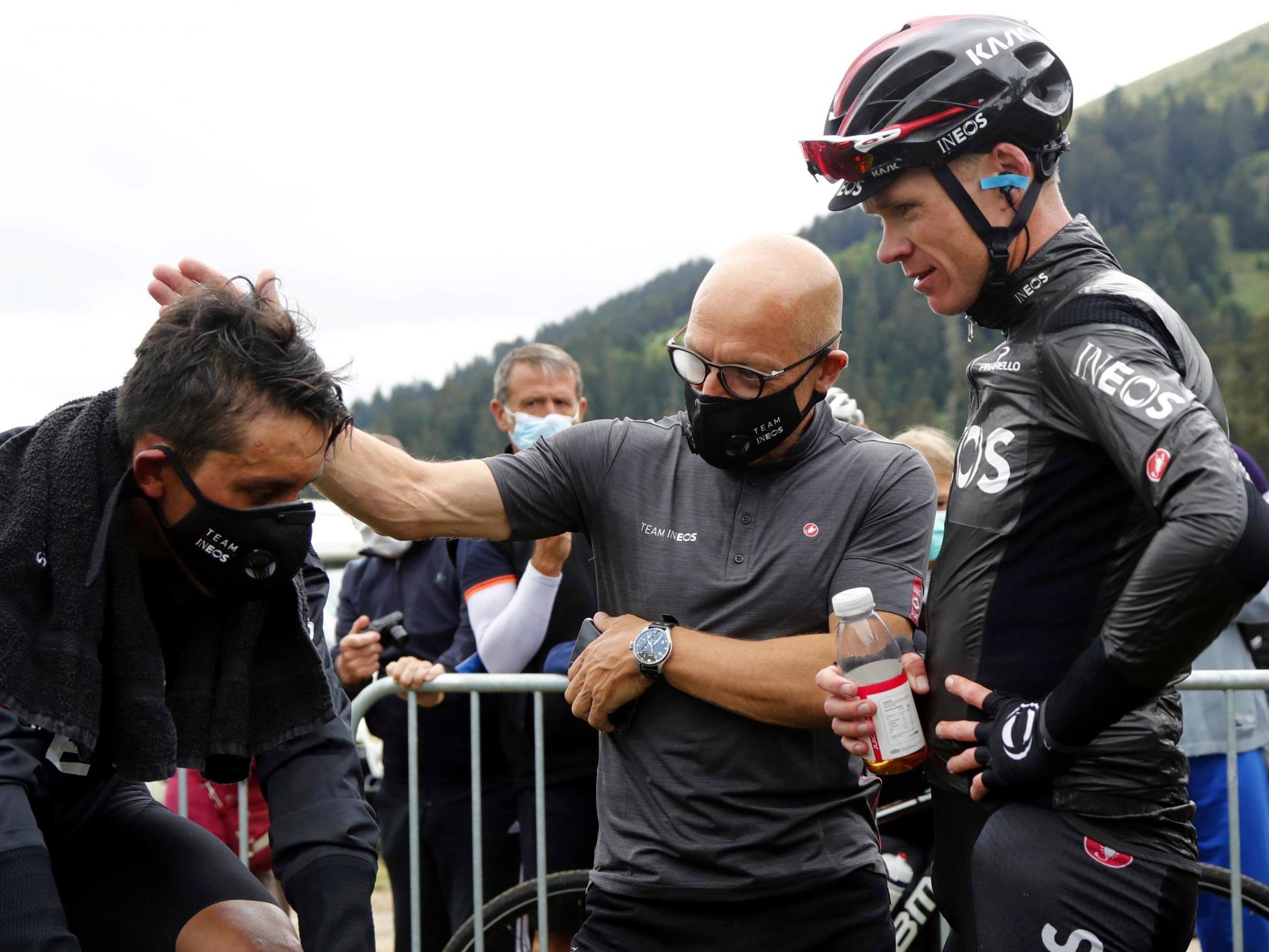 Egan Bernal, Dave Brailsford and Chris Froome at La Route d’Occitanie