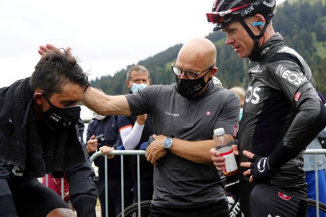 Egan Bernal, Dave Brailsford and Chris Froome at La Route d'Occitanie