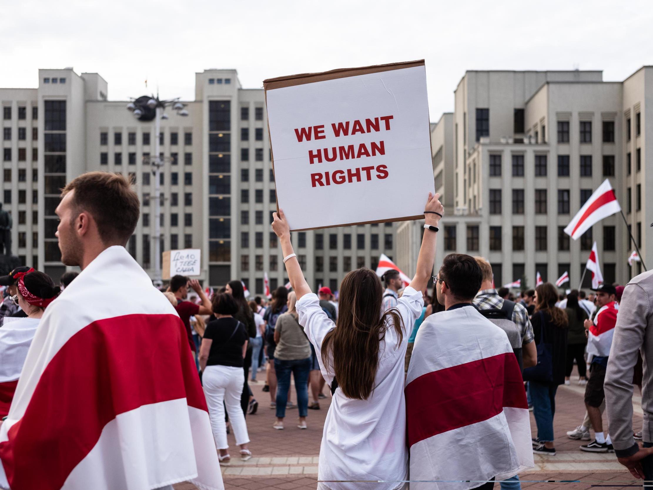 Demonstrators participate in an anti-Lukashenko rally on Tuesday
