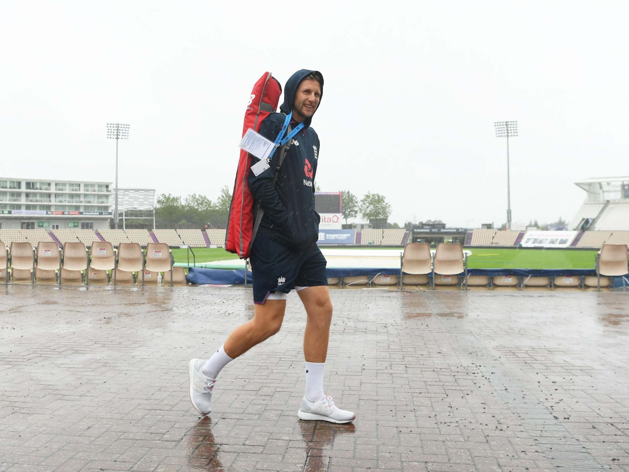Joe Root heads for a net session at a rainy Ageas Bowl