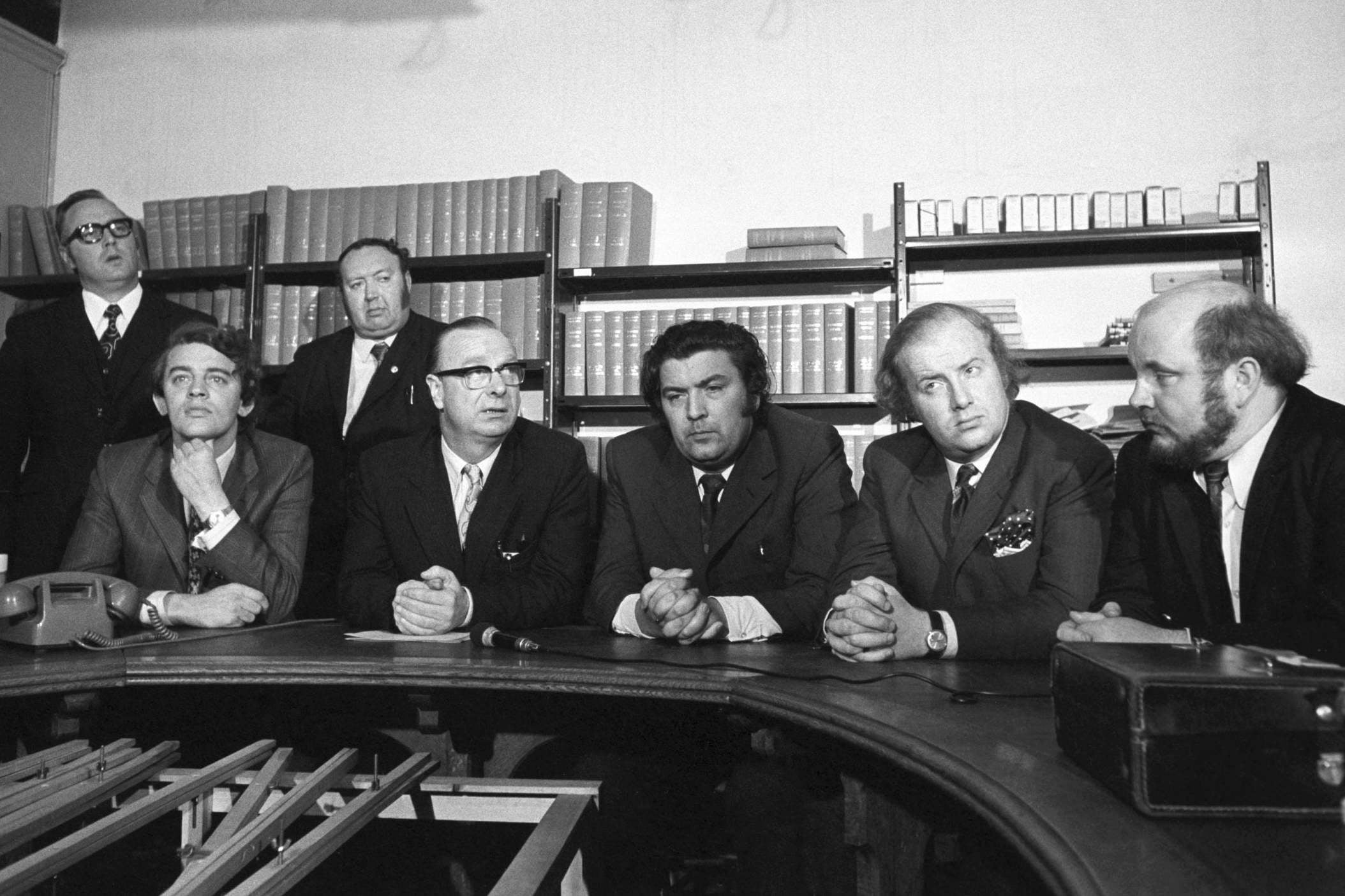 SDLP members (from left): Austin Currie, Gerry Fitt, John Hume, Ivan Cooper and Paddy O'Hanlon. Behind them is Edward McGrady (left) and Paddy Devlin