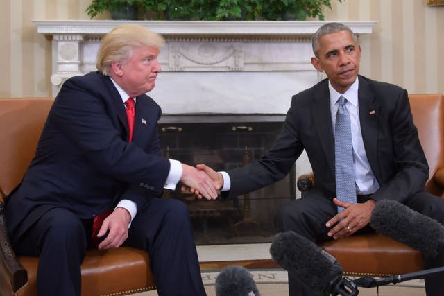 An uneasy handshake between Donald Trump and Barack Obama during the transition between their presidencies