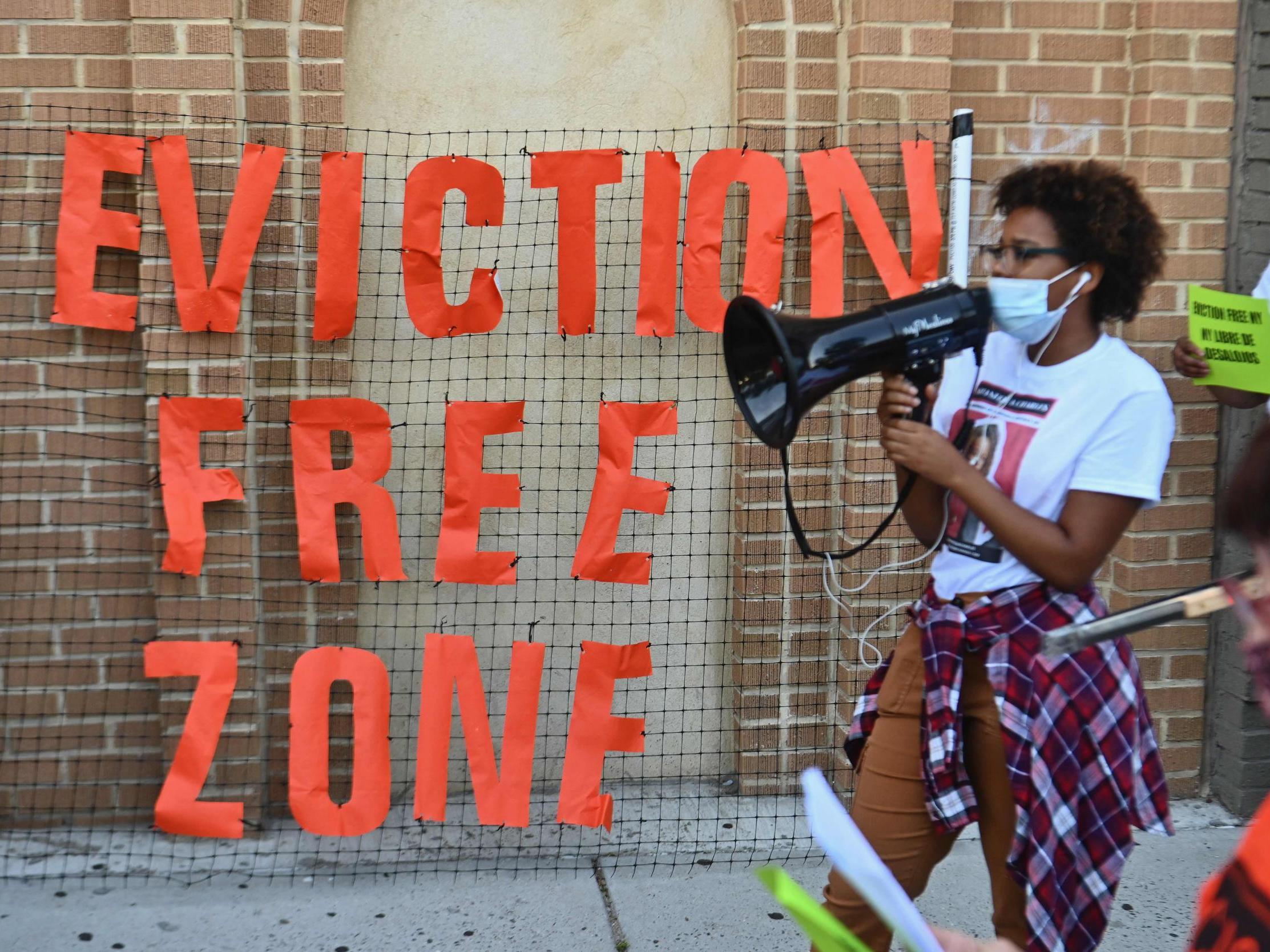 Community members protest against evictions and in support of the movement to ‘cancel rent’ outside the Bronx housing court