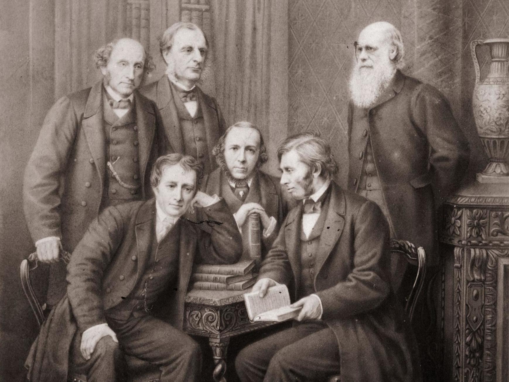 English sociologist Herbert Spencer with Charles Lamb, Reverend Charles Kingsley, John Stuart Mill, John Ruskin and Charles Darwin