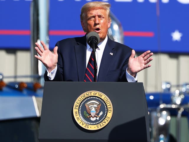 President Donald Trump speaks at his campaign rally on 20 August 2020 in Old Forge, Pennsylvania