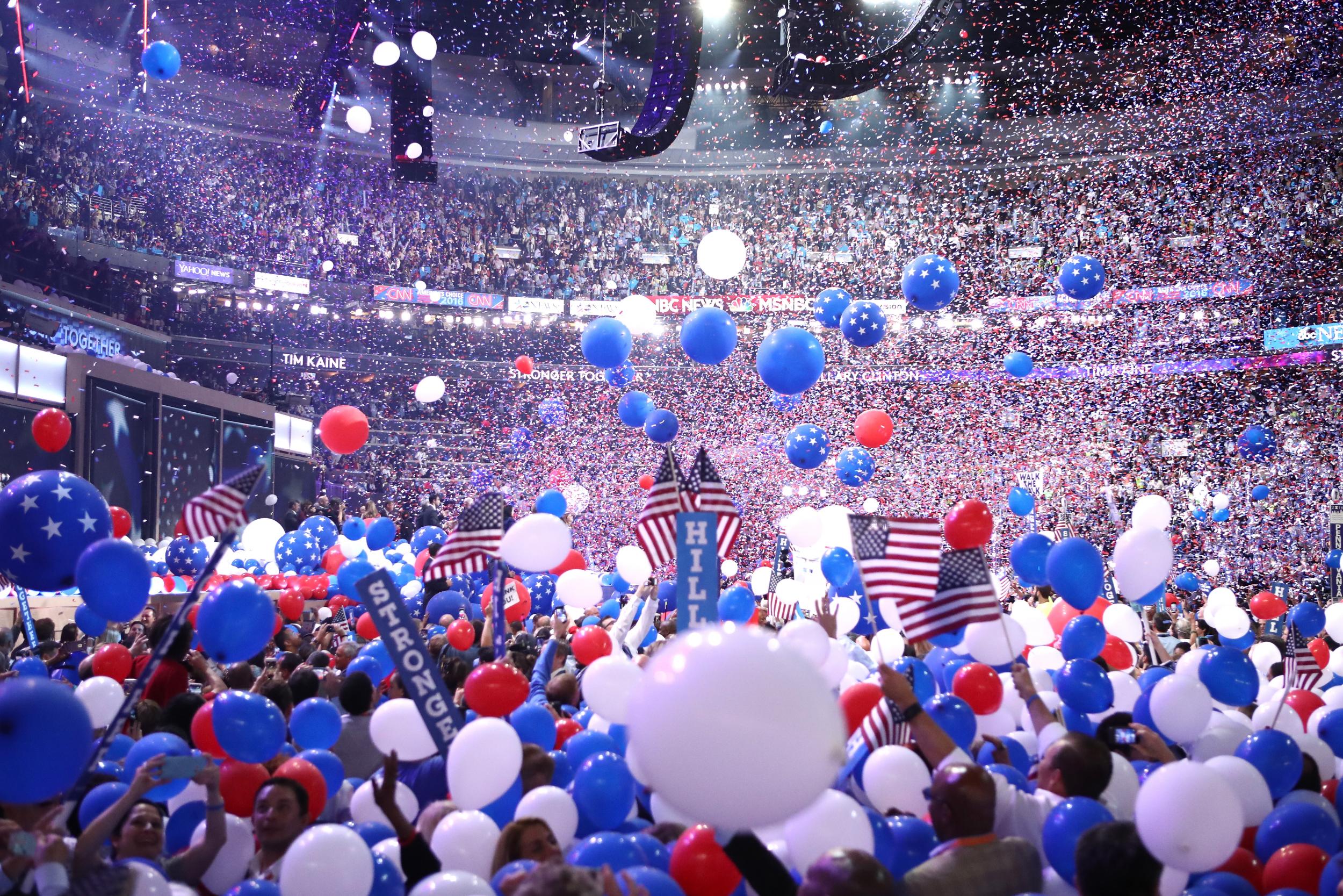 Balloons fall over delegates and attendees at the end of the 2016 Democratic convention