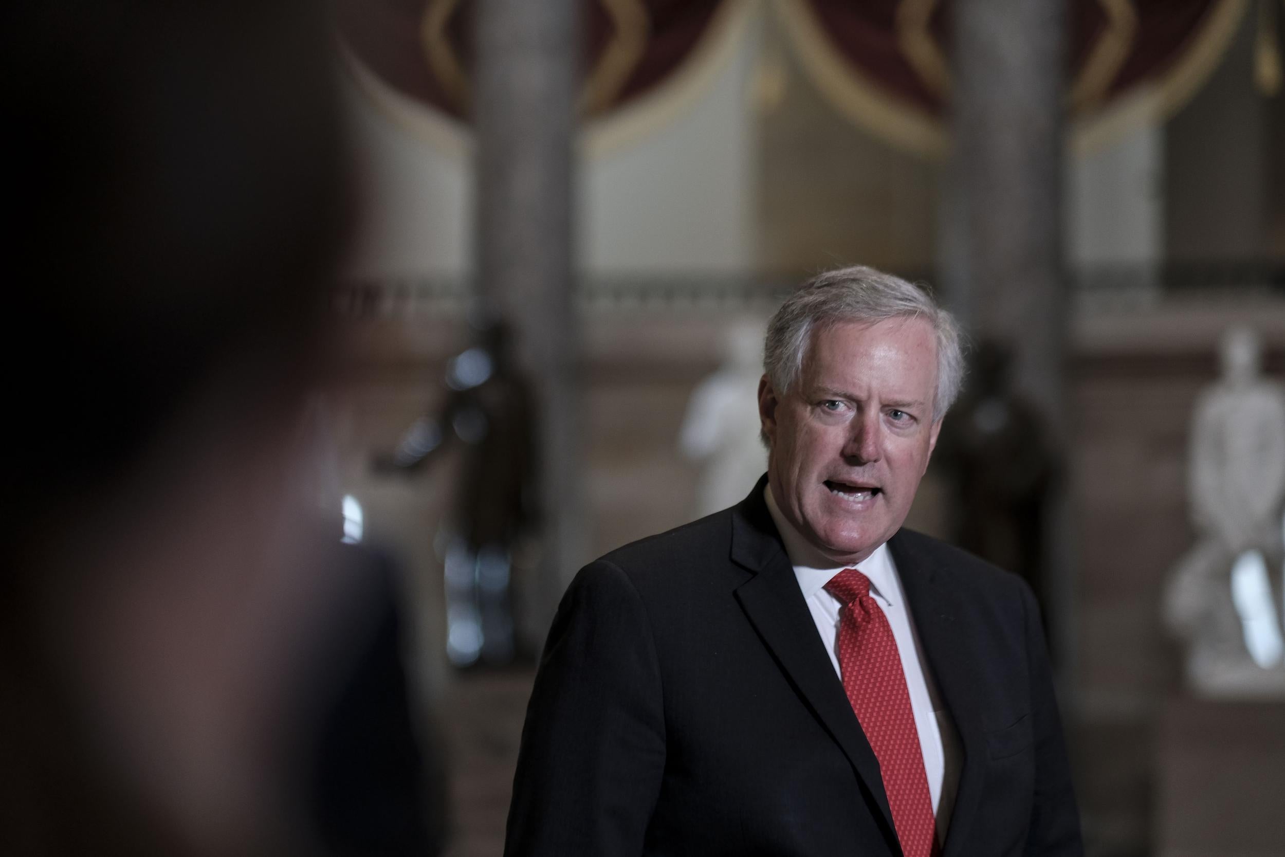 WASHINGTON, DC - AUGUST 22: White House Chief of Staff Mark Meadows speaks to the press in Statuary Hall at the Capitol on August 22, 2020 in Washington, DC. The House was called back from recess to vote on H.R. 8015 Delivering for America Act to allocate funding to the US Postal Service.