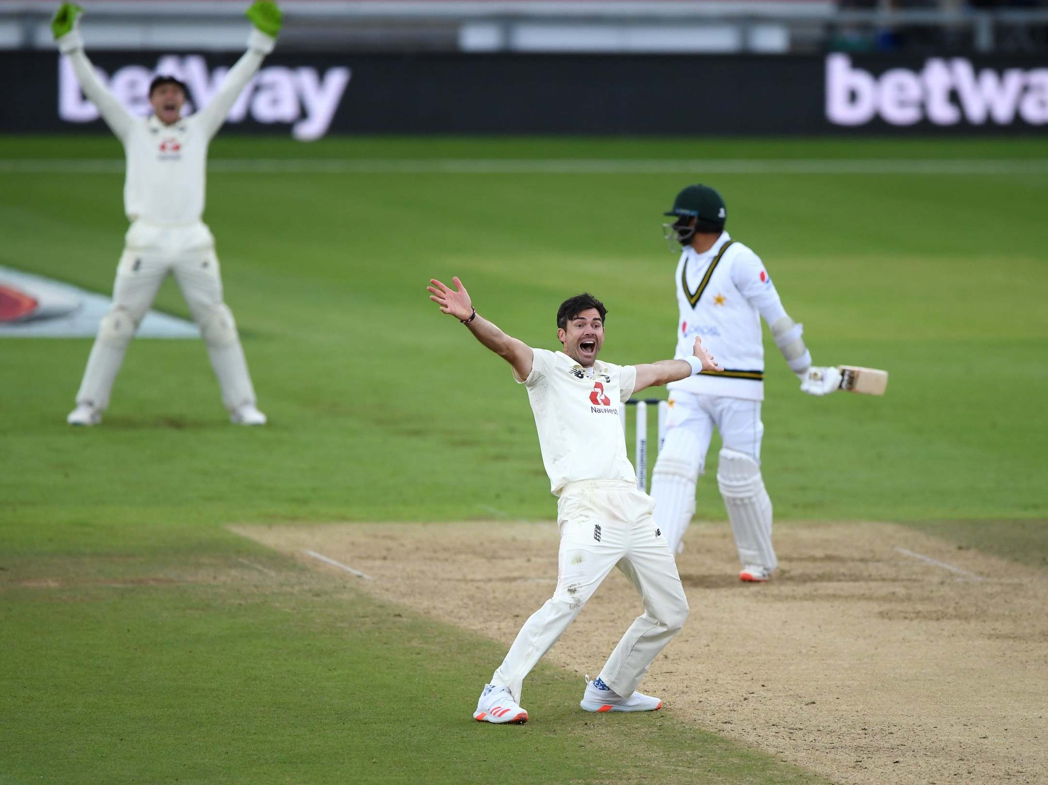 James Anderson appeals unsuccessfully for the wicket of Azhar Ali