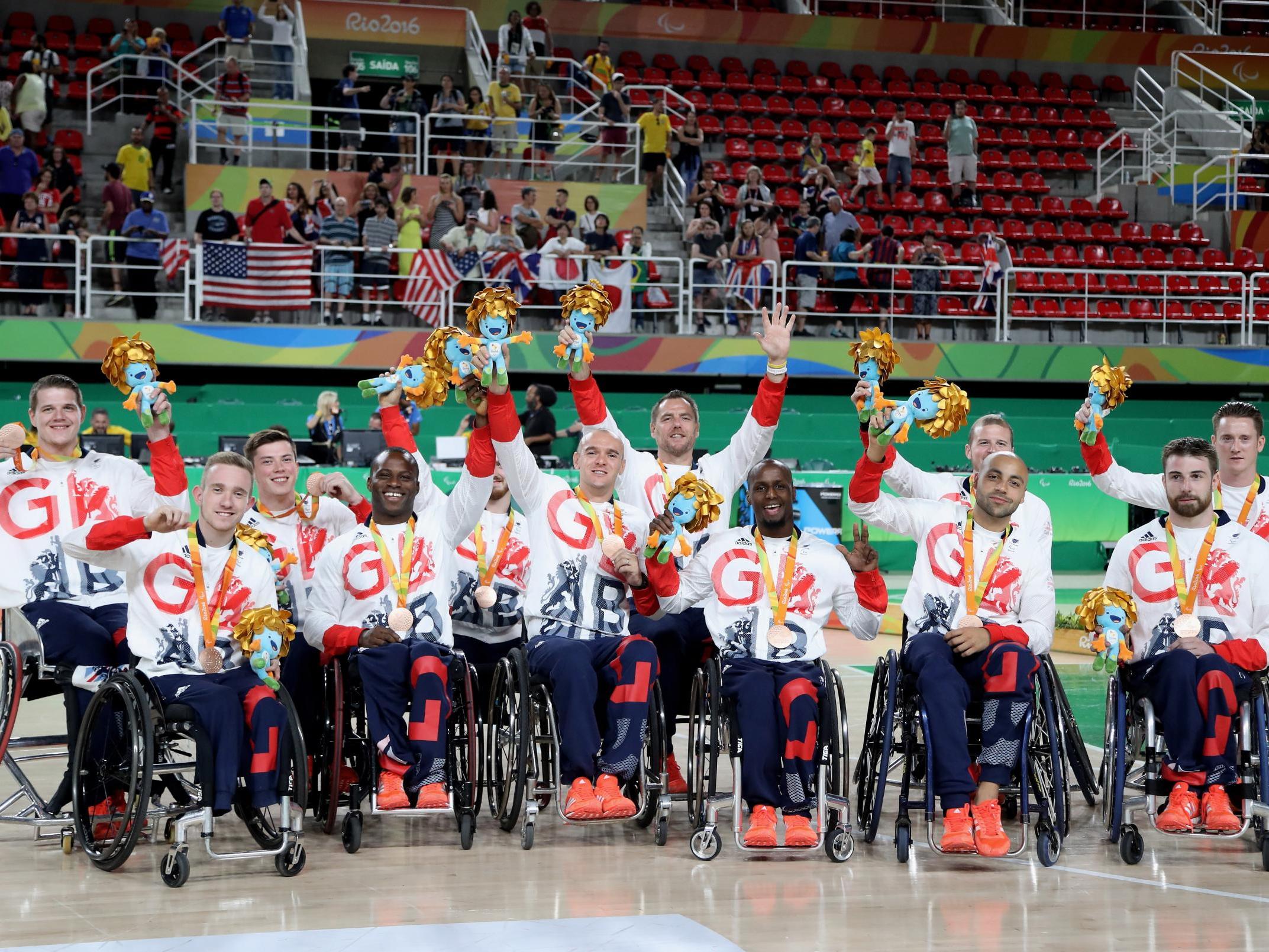 Great Britain’s Men’s Wheelchair Basketball team celebrate on the podium in Rio