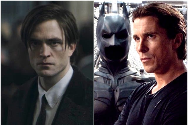 Robert Pattinson in 'The Batman', and Christian Bale in 'The Dark Knight Rises'