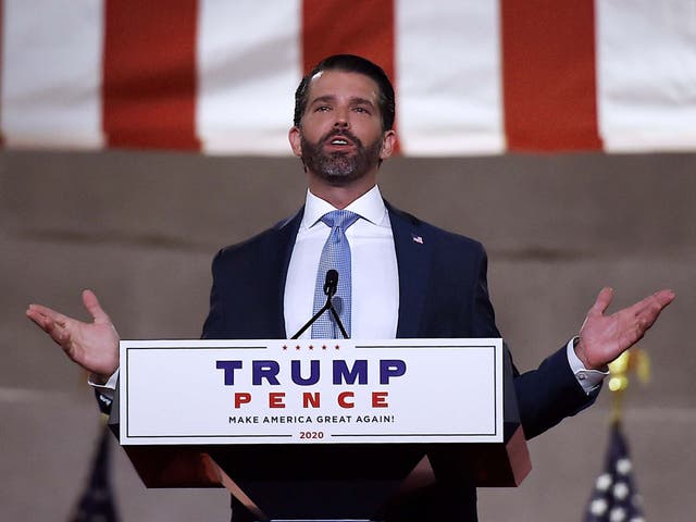 Donald Trump Jr. speaks during the first day of the Republican convention