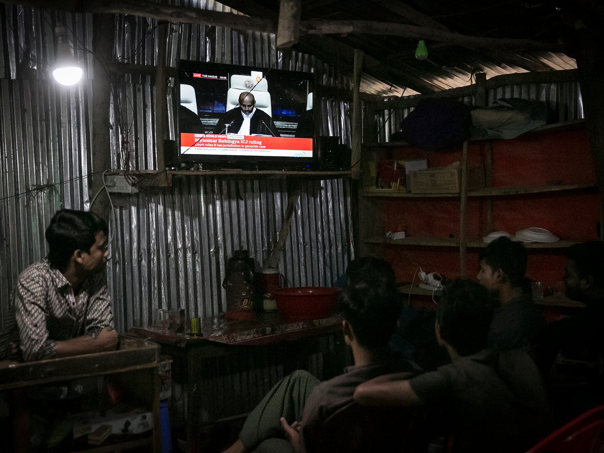 Rohingya Muslims watch the ICJ hearing at a restaurant in Cox’s Bazaar in January