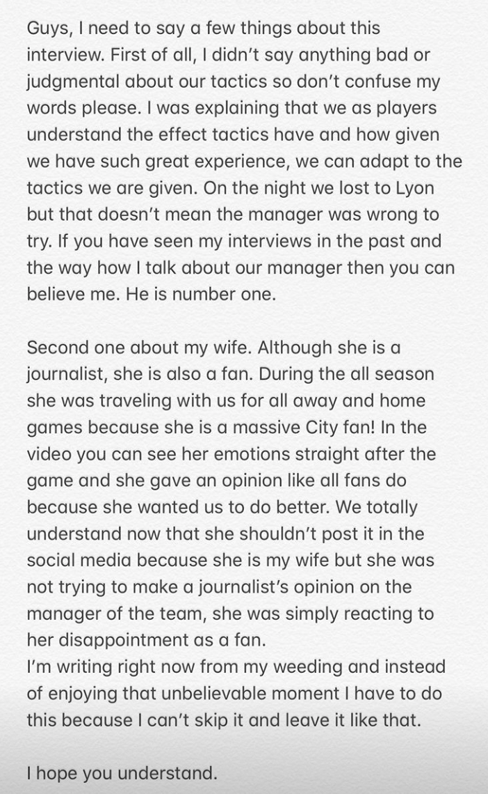 The Man City player released a statement on Instagram