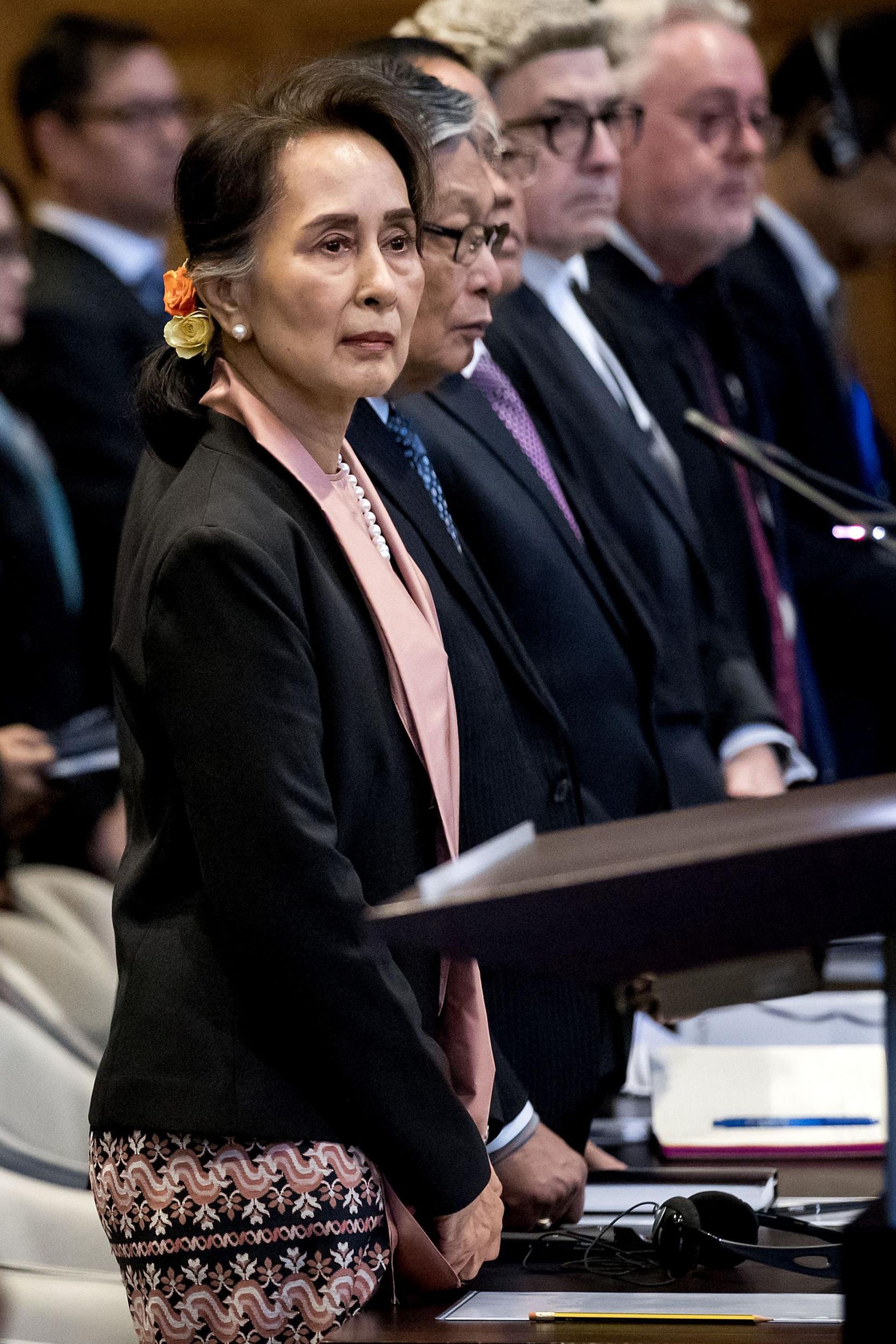 Aung San Suu Kyi stands before the ICJ in December at the start of a three-day hearing on the Rohingya genocide case