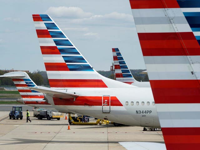 A member of a ground crew walks past American Airlines planes parked at the gate during the coronavirus disease outbreak at Ronald Reagan National Airport in Washington