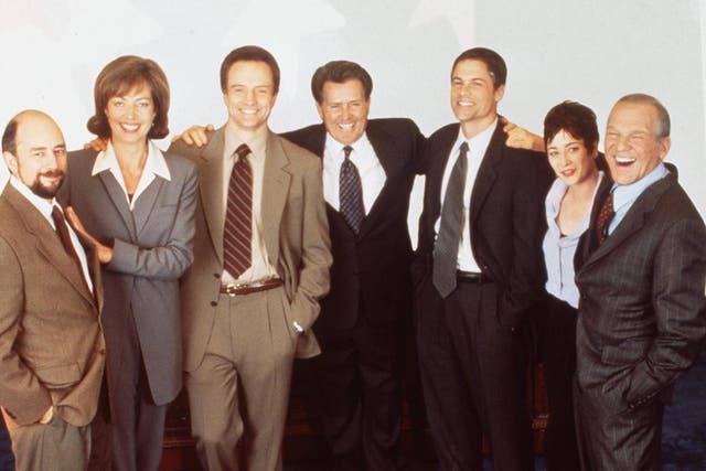 The cast of 'The West Wing': from left to right, Richard Schiff, Allison Janney, Bradley Whitford, Martin Sheen, Rob Lowe, Moira Kelly, and John Spencer.