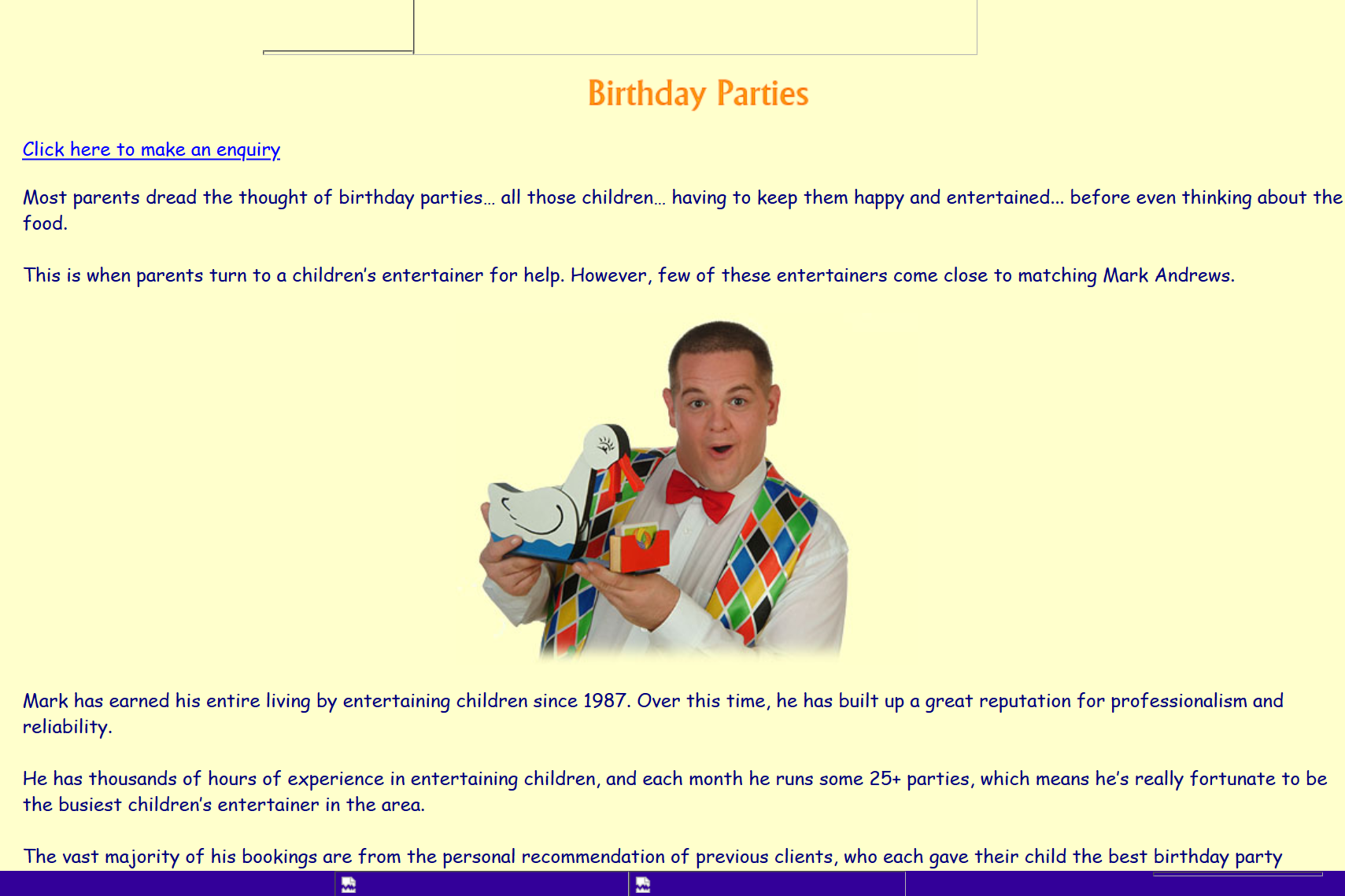 Mark Lerigo's website, under the name Mark Andrews, advertising his former career as a children's entertainer