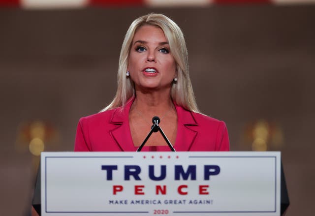 Former Florida Secretary of State Pam Bondi delivers a live address to the largely virtual 2020 Republican National Convention from the Mellon Auditorium in Washington