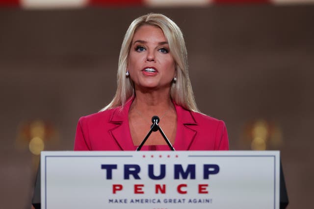 Former Florida Secretary of State Pam Bondi delivers a live address to the largely virtual 2020 Republican National Convention from the Mellon Auditorium in Washington